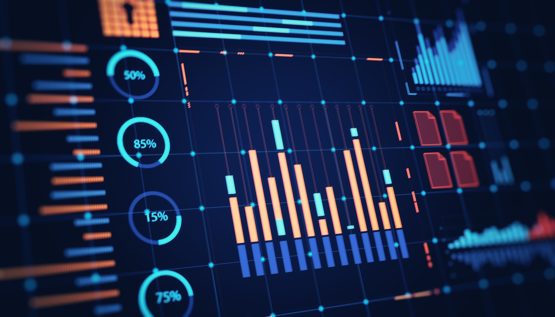 Financial data interface displaying graphs, bar charts, and circular diagrams on a futuristic digital background. 3D Rendering